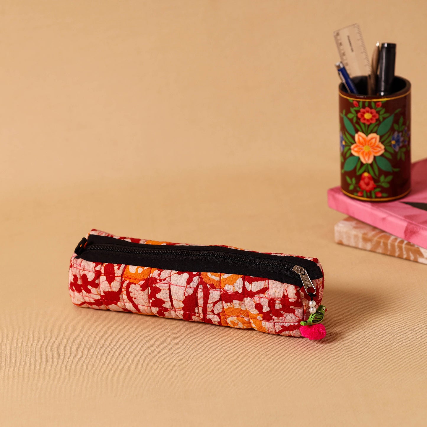 Red Handmade Quilted Cotton Pencil Pouch