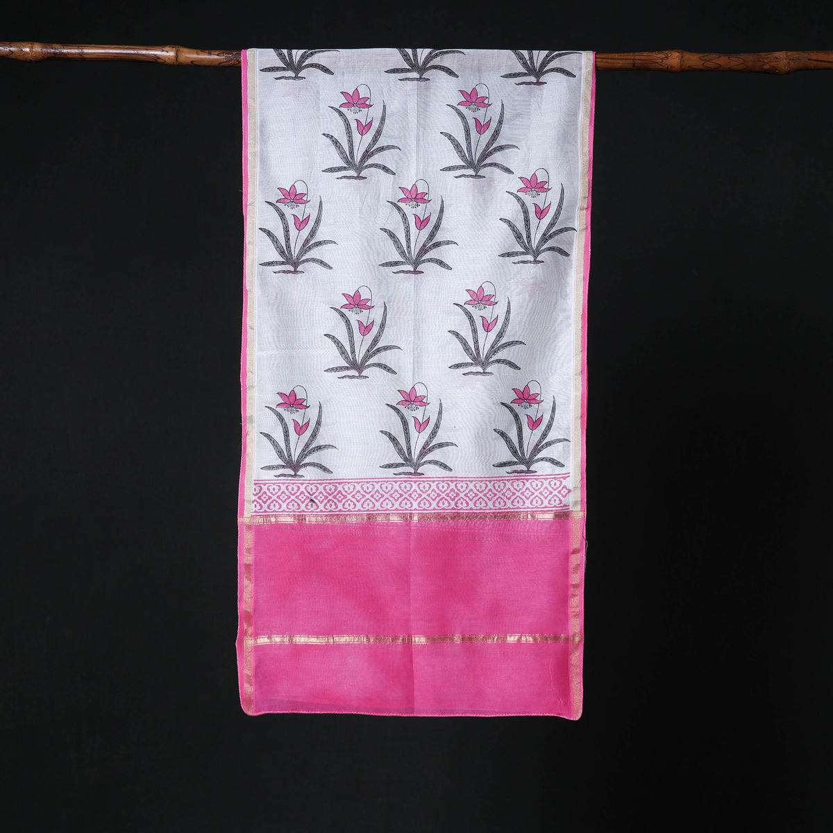 Sanganeri Handloom Chanderi Silk Hand Block Floral Print Stole 03