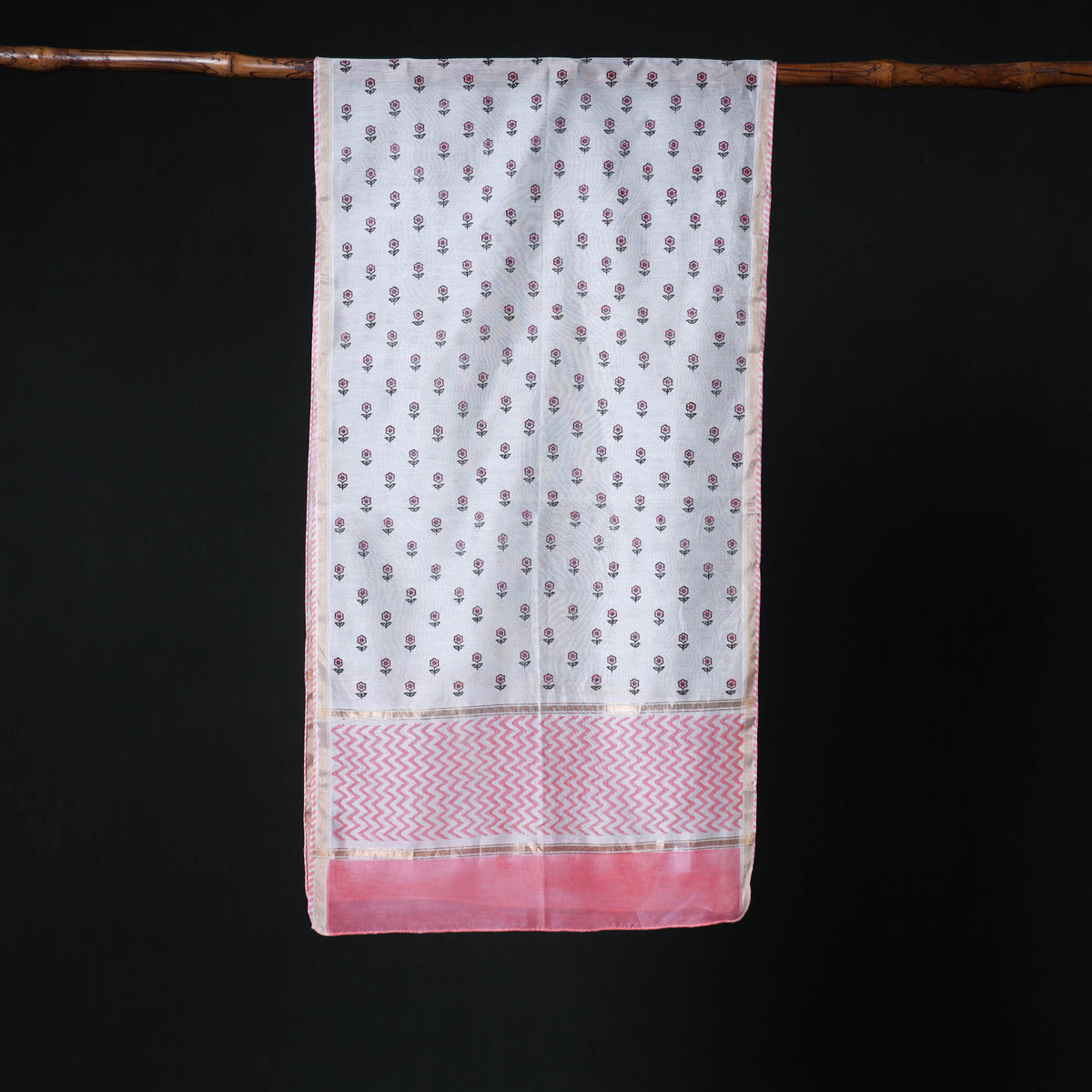 Sanganeri Handloom Chanderi Silk Hand Block Floral Print Stole 02