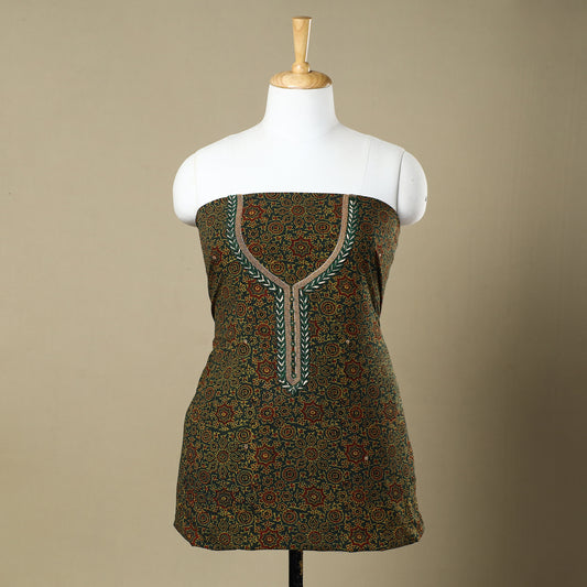 Green - Ajrakh Block Printed Thread & Bead Work Embroidered Cotton Kurta Material - 2.6 Meter