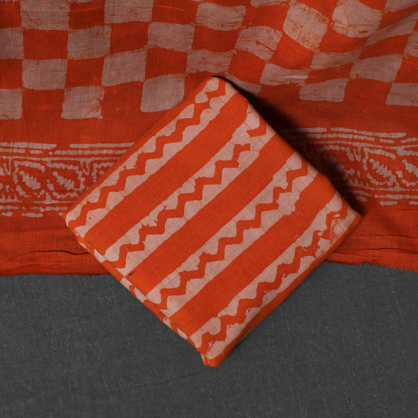 Kutch Hand Block Batik Print Cotton 3pc Unstitched Dress Material Suit Set 45