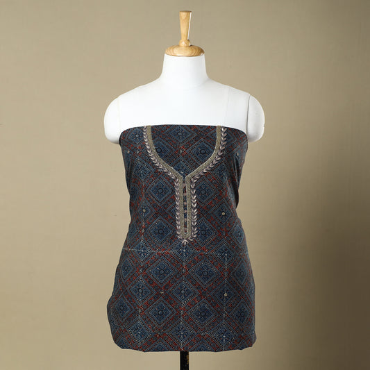 Blue - Ajrakh Block Printed Thread & Bead Work Embroidered Cotton Kurta Material - 2.65 Meter