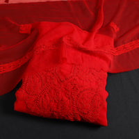 Red - 3pc Hand Embroidery Georgette Chikankari Dress Material 15