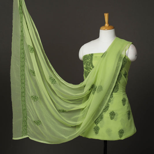 Green - 3pc Hand Embroidery Georgette Chikankari Dress Material 16