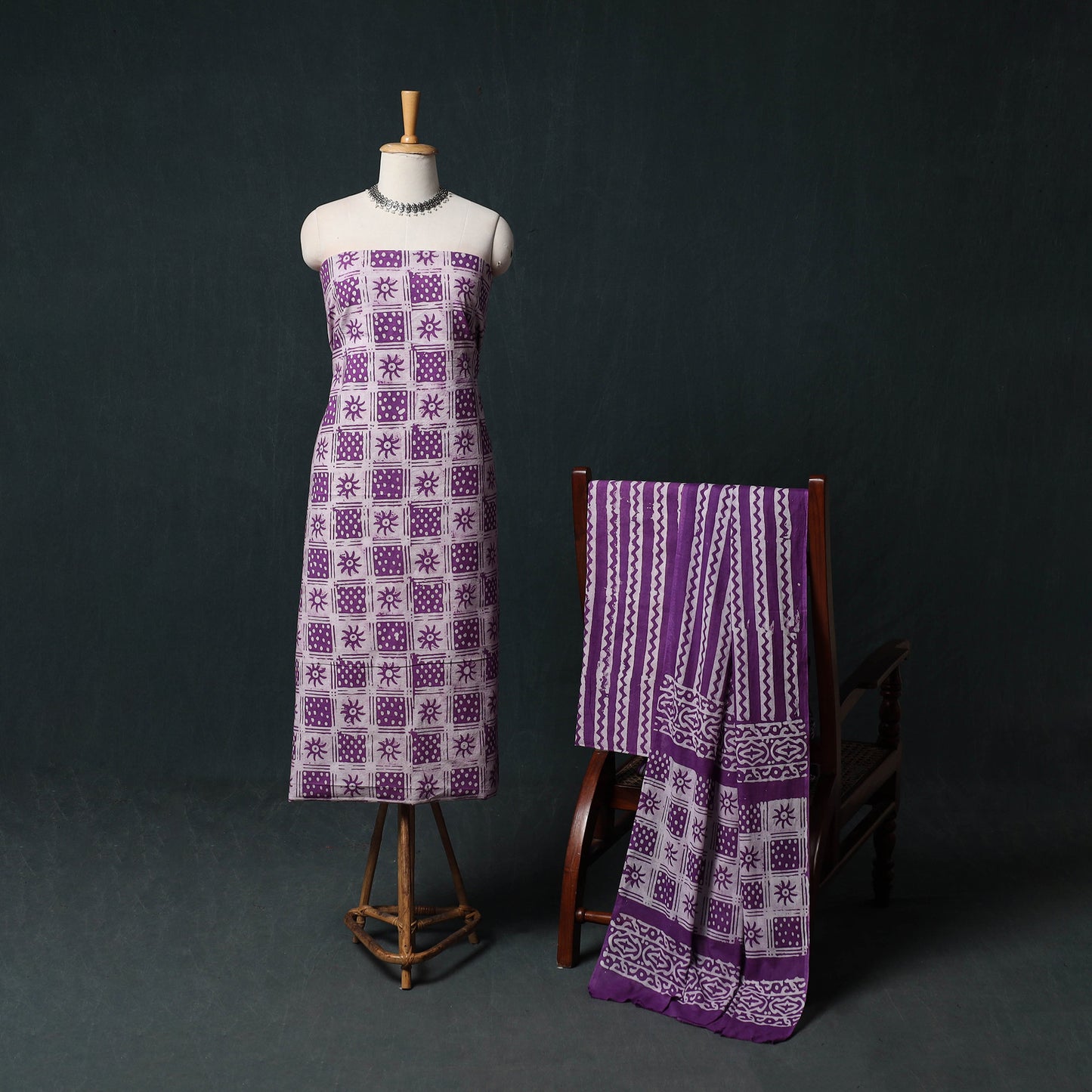 Kutch Hand Block Batik Print Cotton 3pc Unstitched Dress Material Suit Set 46