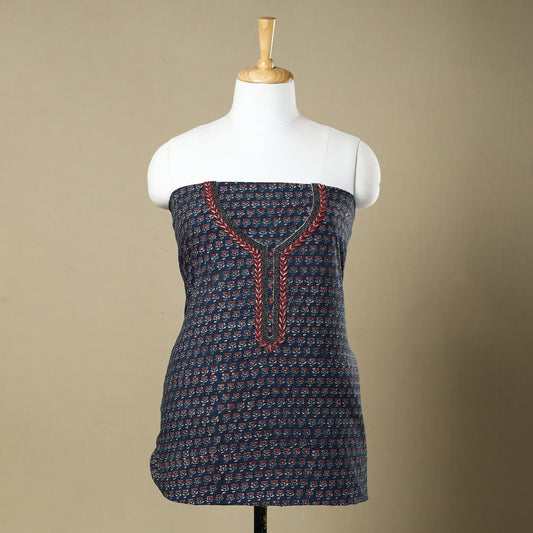 Blue - Ajrakh Block Printed Thread & Bead Work Embroidered Cotton Kurta Material - 2.6 Meter