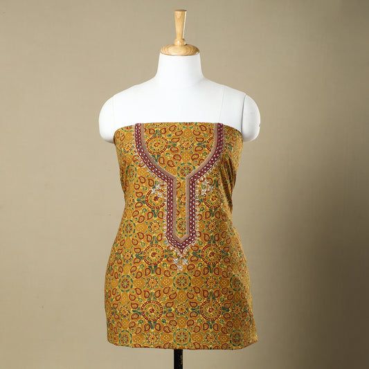 Yellow - Ajrakh Block Printed Bead Work Embroidered Cotton Kurta Material - 2.7 Meter