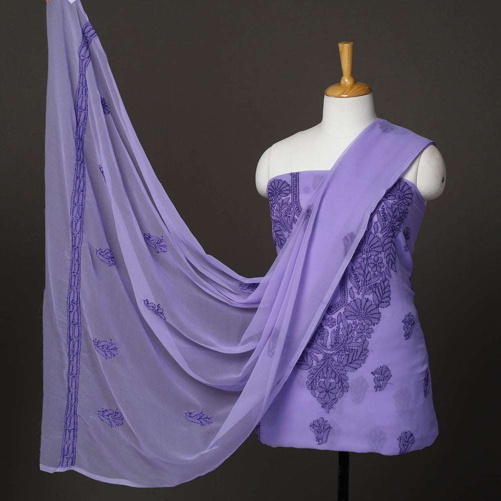 Purple - 3pc Hand Embroidery Georgette Chikankari Dress Material 19