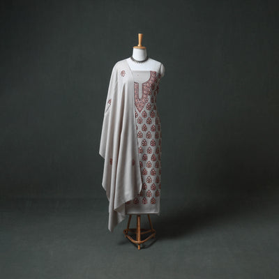 Kashmiri Aari Hand Embroidered Pure Merino Wool Unstitched Dress Material: Kurta, Bottom with Dupatta 17