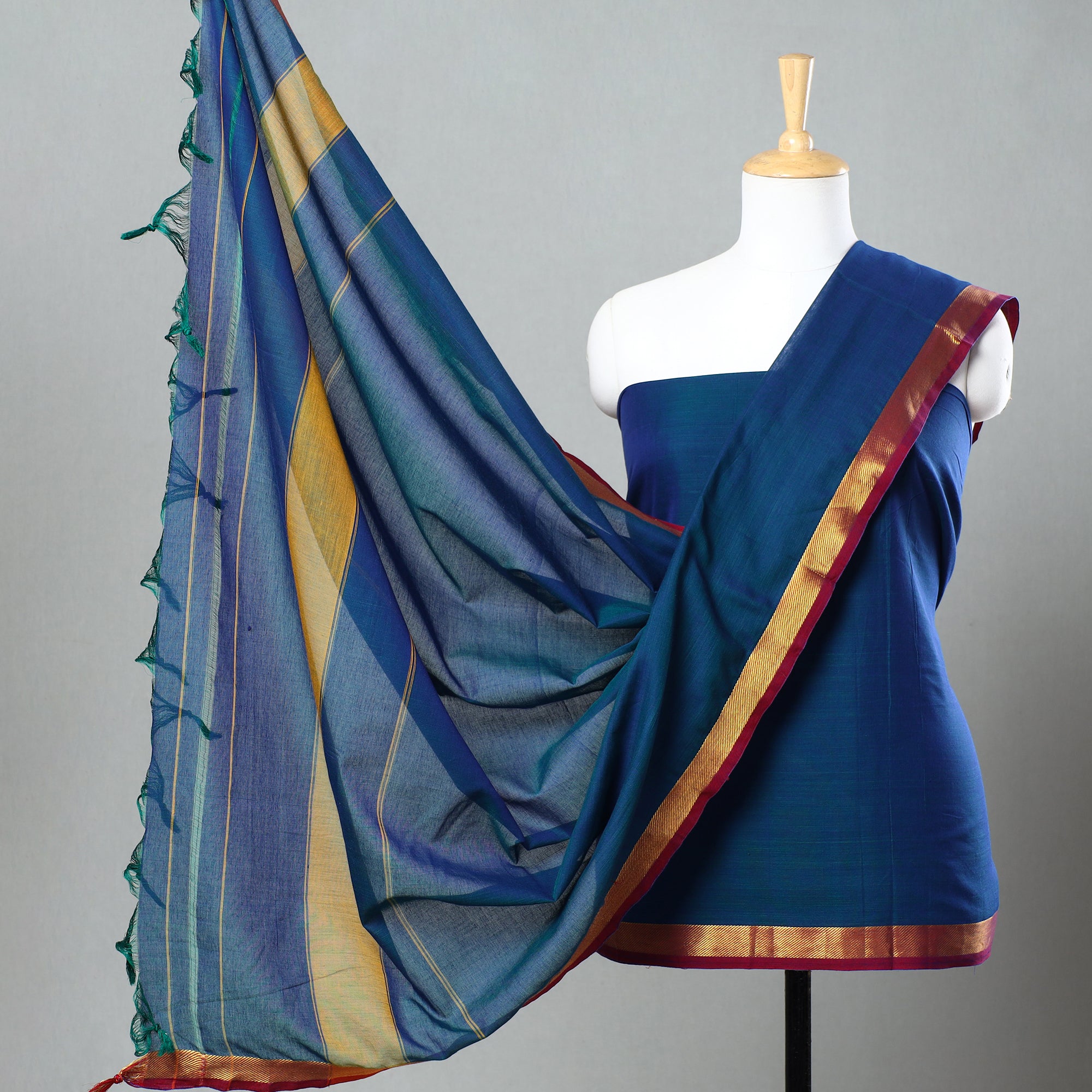 Navy Blue Plain Semi Silk Taffeta Dress Material with Sky Blue Banaras –  Sharvari's
