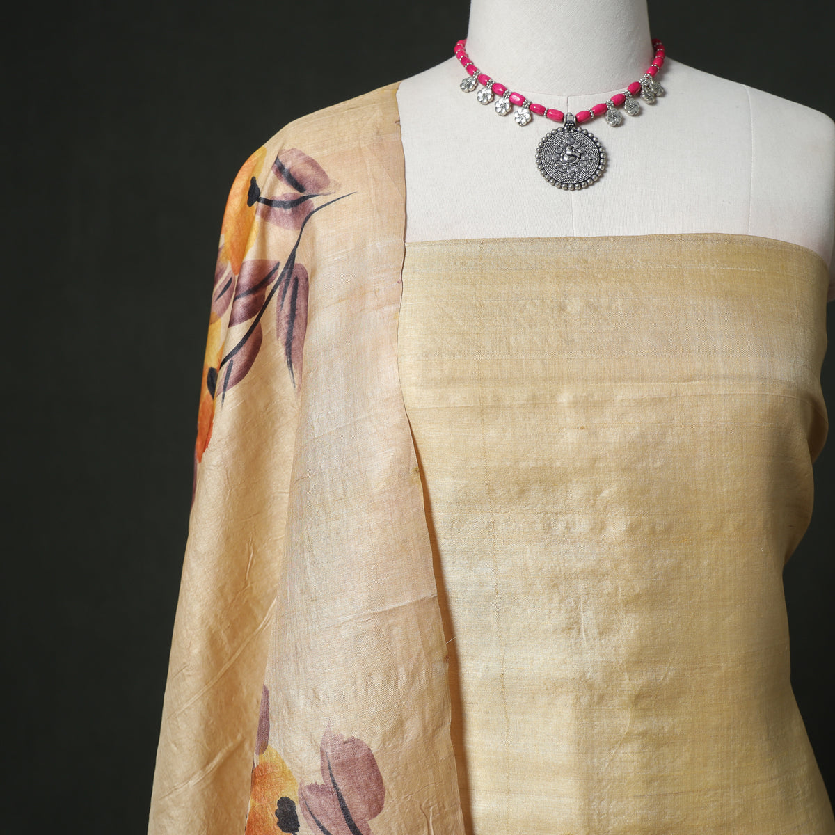Pure Handloom Tussar Silk Handpainted Unstitched Dress Material: Kurta with Dupatta 01