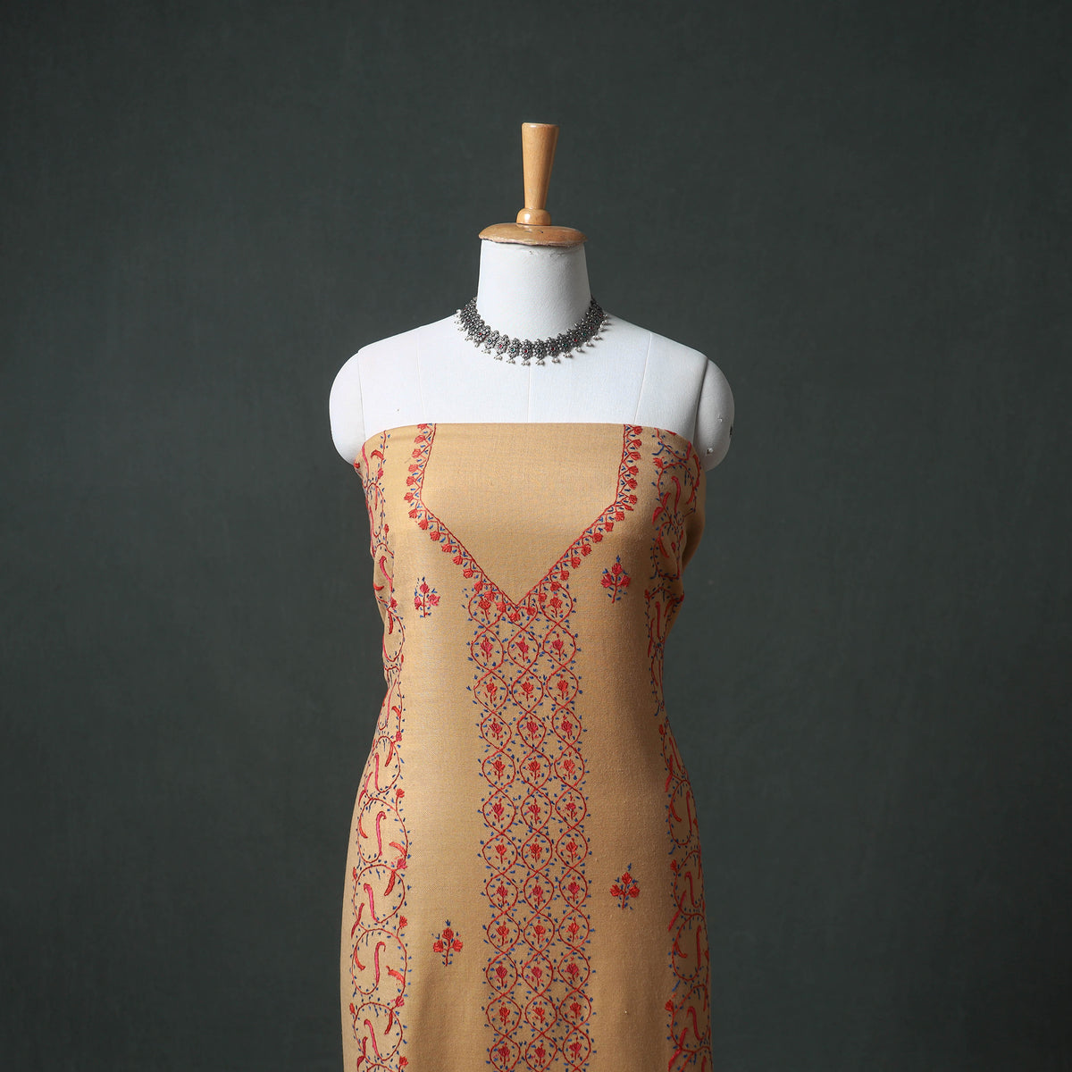Kashmiri Sozni Hand Embroidered Pure Merino Wool Unstitched Dress Material: Kurta, Bottom with Dupatta 01