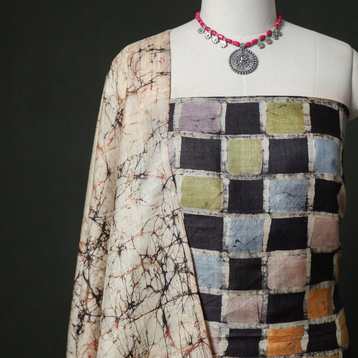 Pure Handloom Tussar Silk Hand Batik Print Unstitched Dress Material: Kurta with Dupatta 03