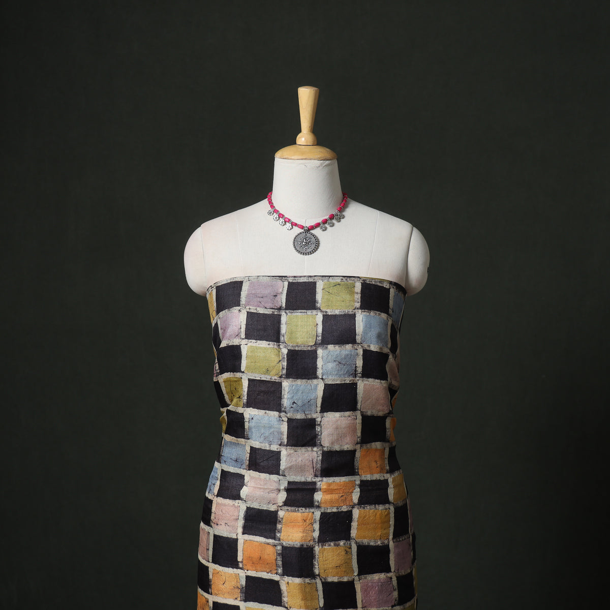 Pure Handloom Tussar Silk Hand Batik Print Unstitched Dress Material: Kurta with Dupatta 03