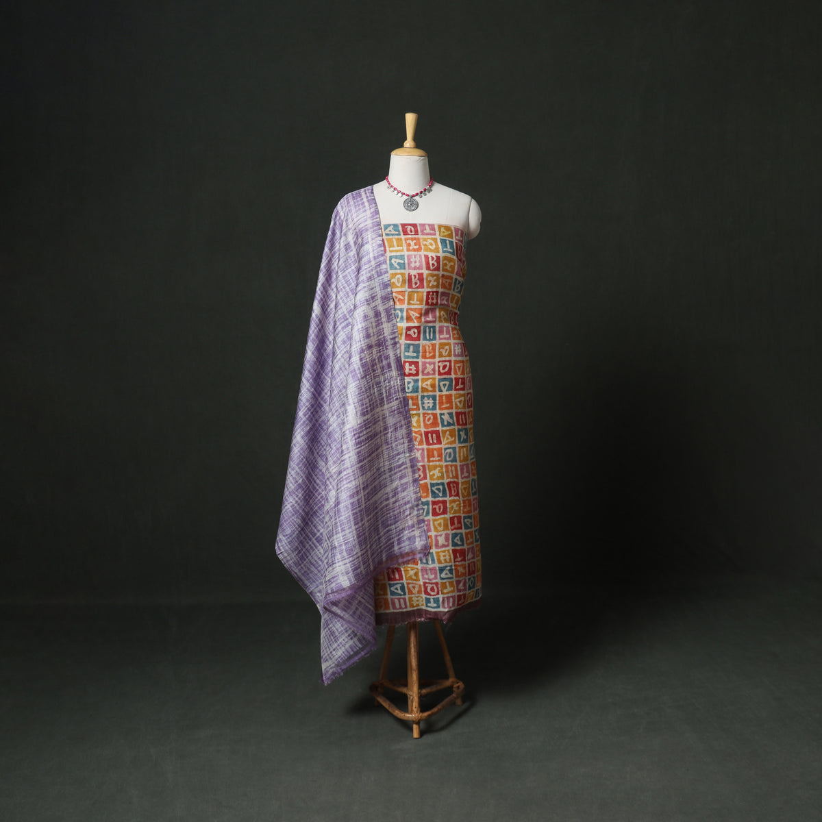 Pure Handloom Tussar Silk Hand Block Print Unstitched Dress Material: Kurta with Dupatta 04