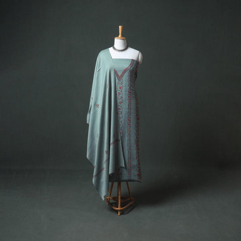 Kashmiri Sozni Hand Embroidered Pure Merino Wool Unstitched Dress Material: Kurta, Bottom with Dupatta 02