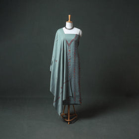 Kashmiri Sozni Hand Embroidered Pure Merino Wool Unstitched Dress Material: Kurta, Bottom with Dupatta 02