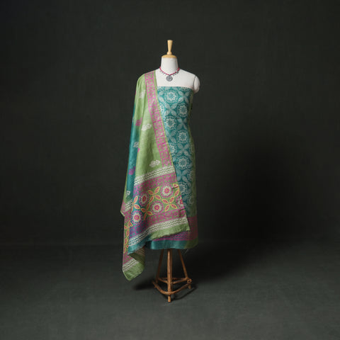 Pure Handloom Tussar Silk Hand Batik Print Unstitched Dress Material: Kurta with Dupatta 05