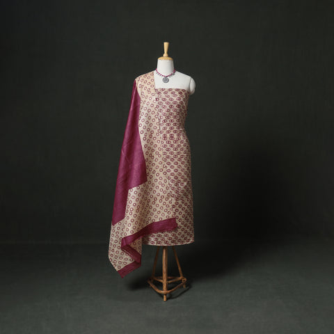 Pure Handloom Tussar Silk Hand Block Print Unstitched Dress Material: Kurta with Dupatta 08