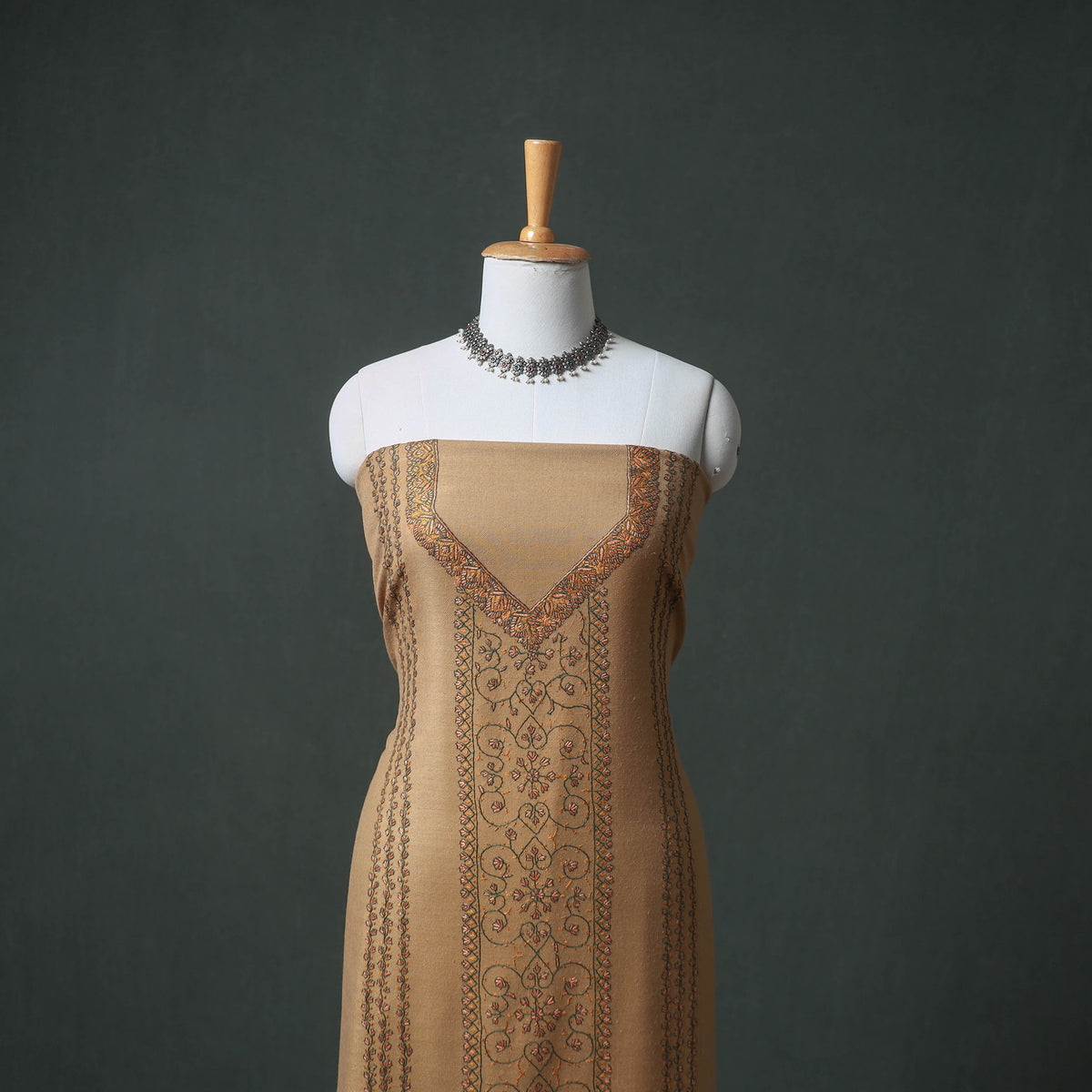 Kashmiri Sozni Hand Embroidered Pure Merino Wool Unstitched Dress Material: Kurta, Bottom with Dupatta 03