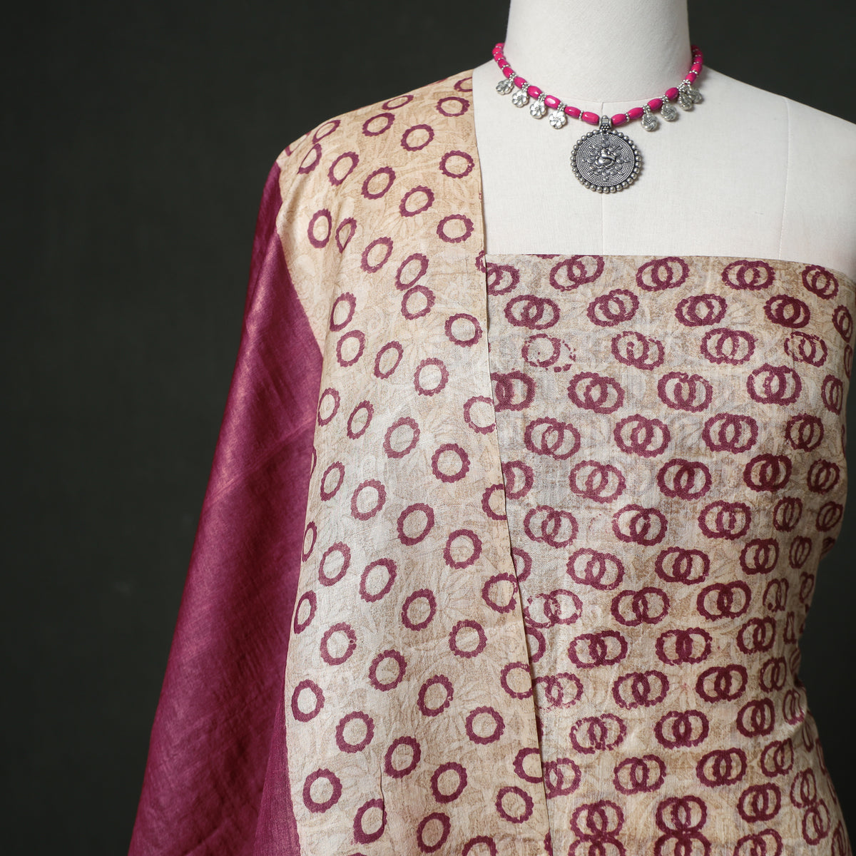 Pure Handloom Tussar Silk Hand Block Print Unstitched Dress Material: Kurta with Dupatta 08