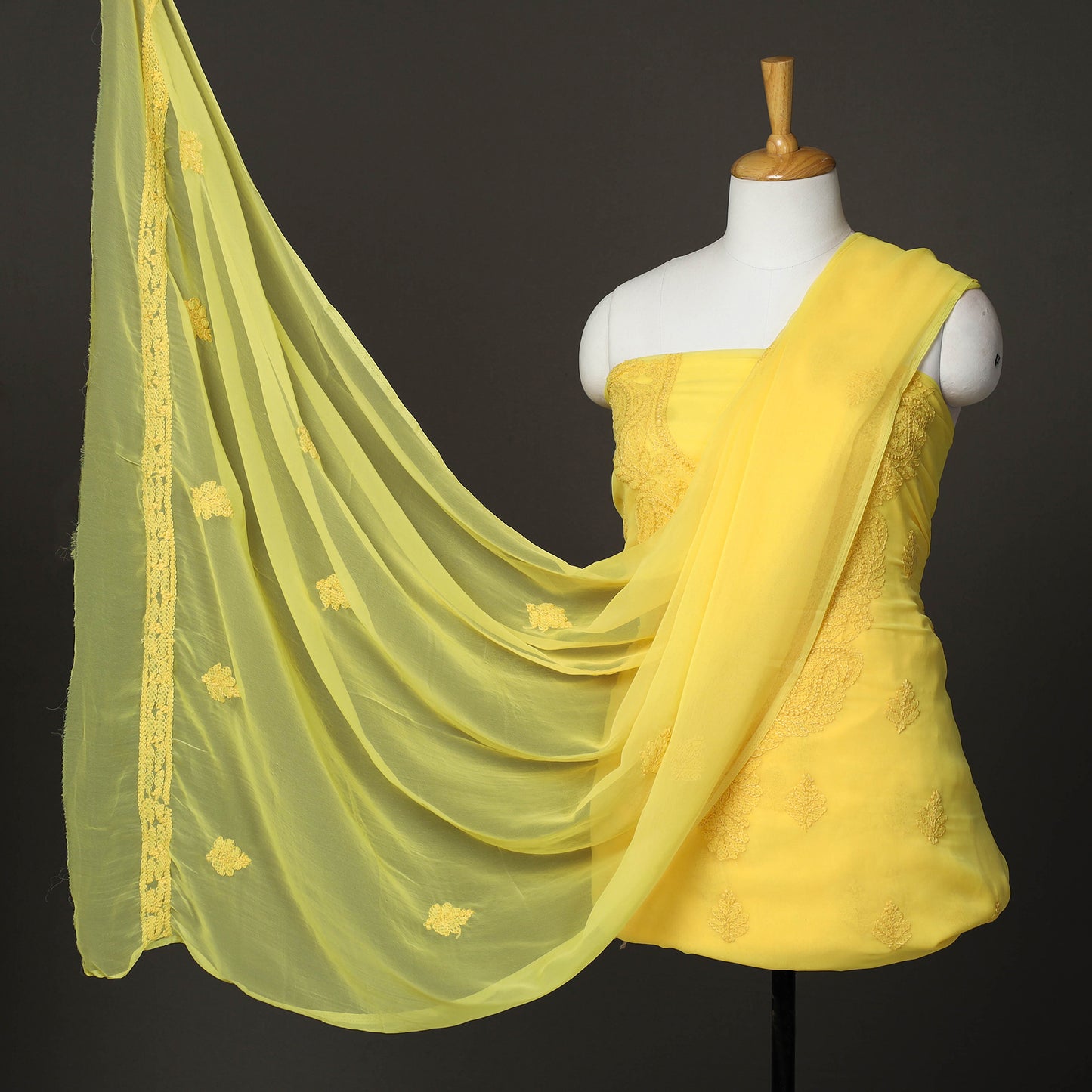 Yellow - 3pc Hand Embroidery Georgette Chikankari Dress Material 23