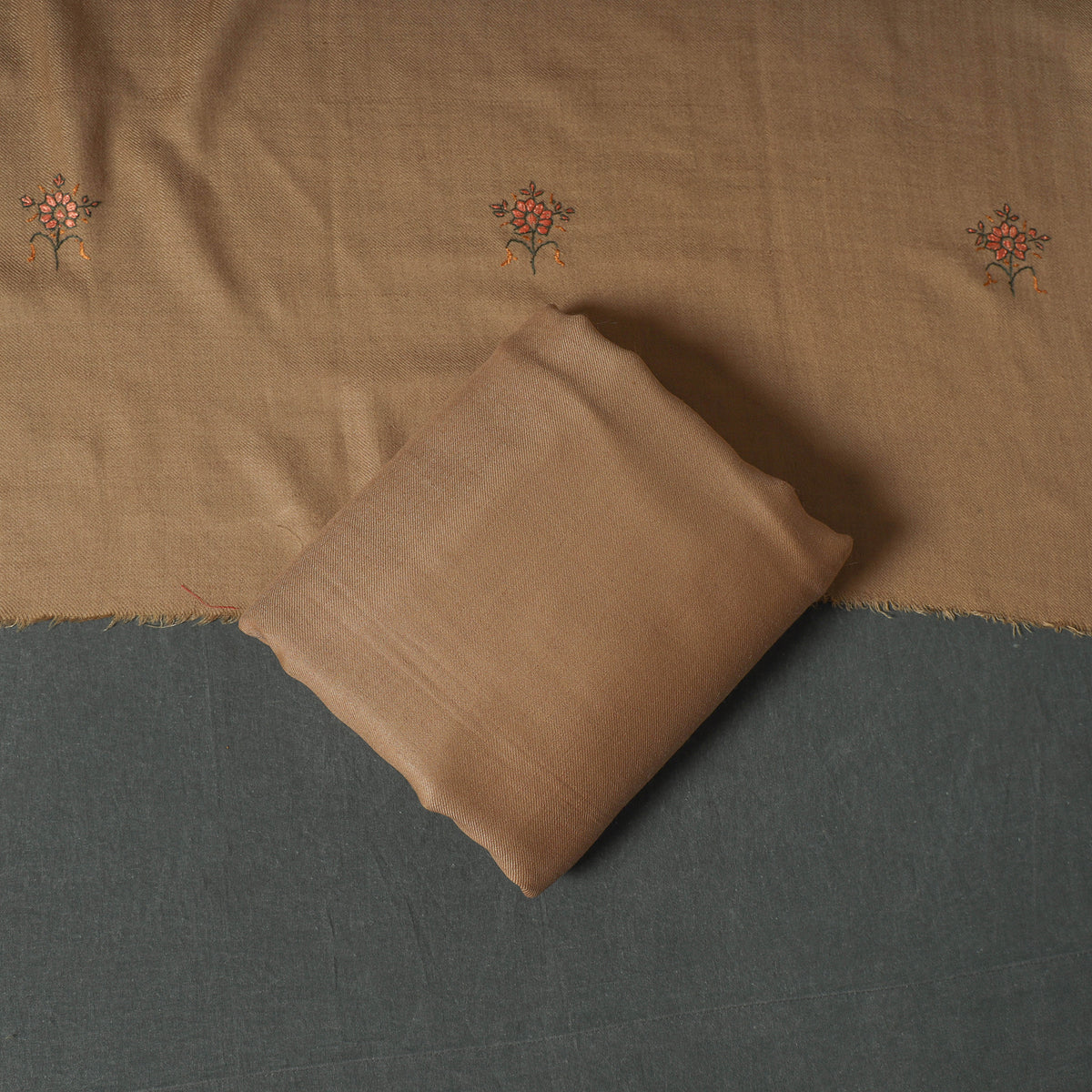 Kashmiri Sozni Hand Embroidered Pure Merino Wool Unstitched Dress Material: Kurta, Bottom with Dupatta 03