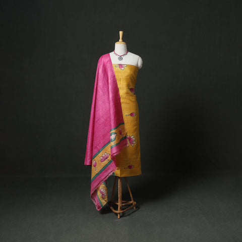 Pure Handloom Tussar Silk Kalamkari Handpainted Unstitched Dress Material: Kurta with Dupatta 09