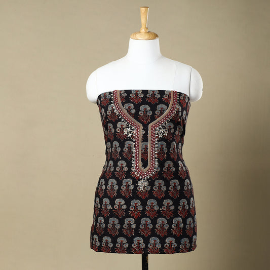 Black - Ajrakh Block Printed Bead Work Embroidered Cotton Kurta Material - 2.65 Meter