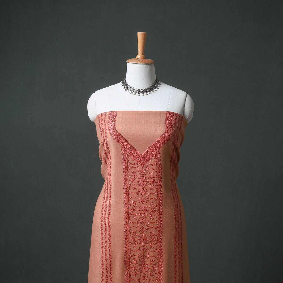 Kashmiri Sozni Hand Embroidered Pure Merino Wool Unstitched Dress Material: Kurta, Bottom with Dupatta 04