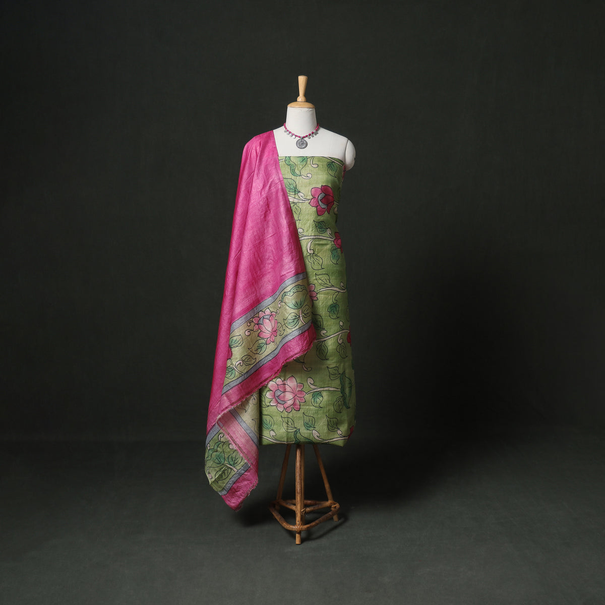 Pure Handloom Tussar Silk Kalamkari Handpainted Unstitched Dress Material: Kurta with Dupatta 06