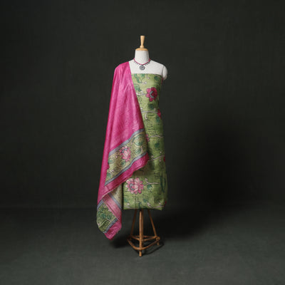 Pure Handloom Tussar Silk Kalamkari Handpainted Unstitched Dress Material: Kurta with Dupatta 06