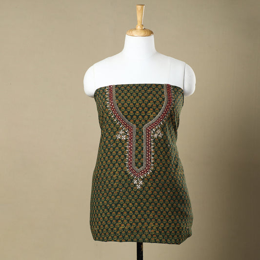 Green - Ajrakh Block Printed Bead Work Embroidered Cotton Kurta Material - 2.6 Meter