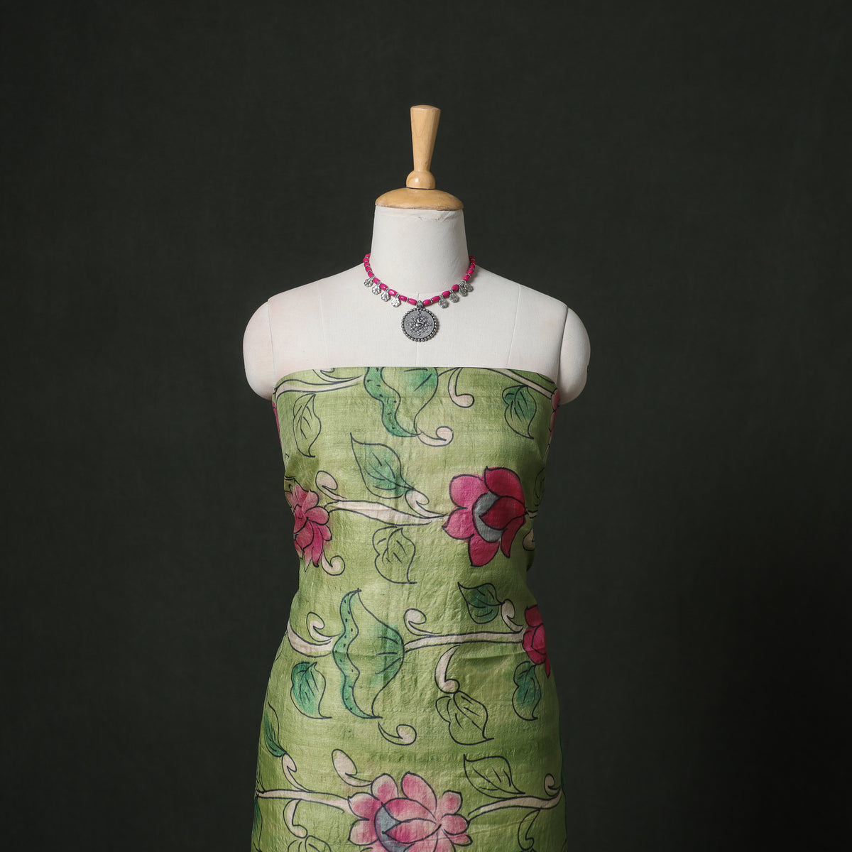 Pure Handloom Tussar Silk Kalamkari Handpainted Unstitched Dress Material: Kurta with Dupatta 06