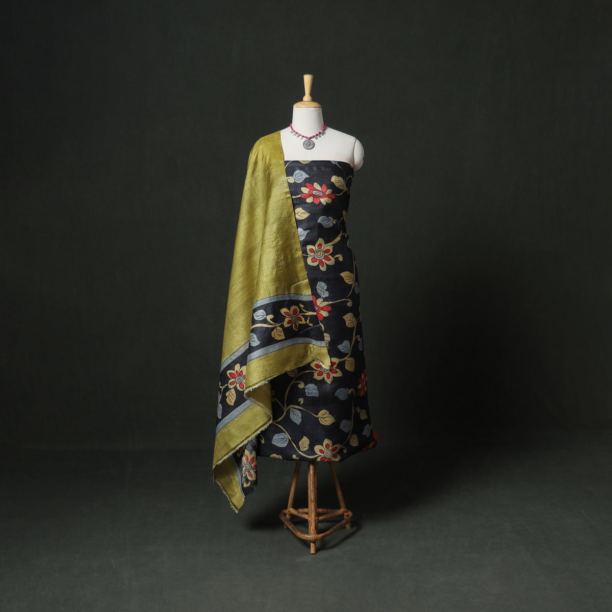 Pure Handloom Tussar Silk Kalamkari Handpainted Unstitched Dress Material: Kurta with Dupatta 10