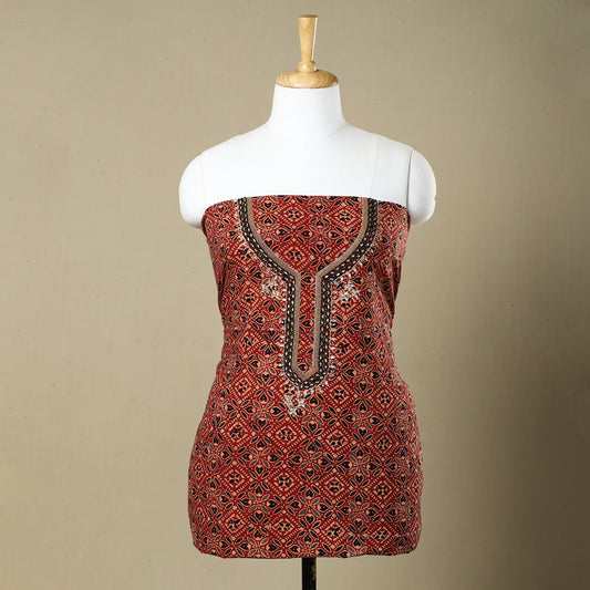 Red - Ajrakh Block Printed Bead Work Embroidered Cotton Kurta Material - 2.6 Meter