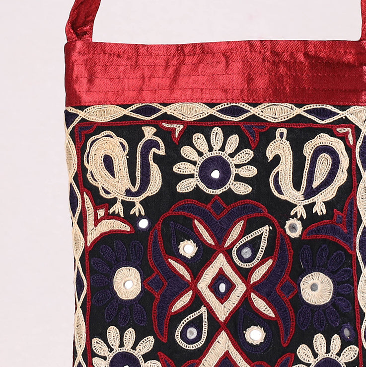 Red - Kutch Ahir Hand Embroidery Mashru Silk Sling Bag