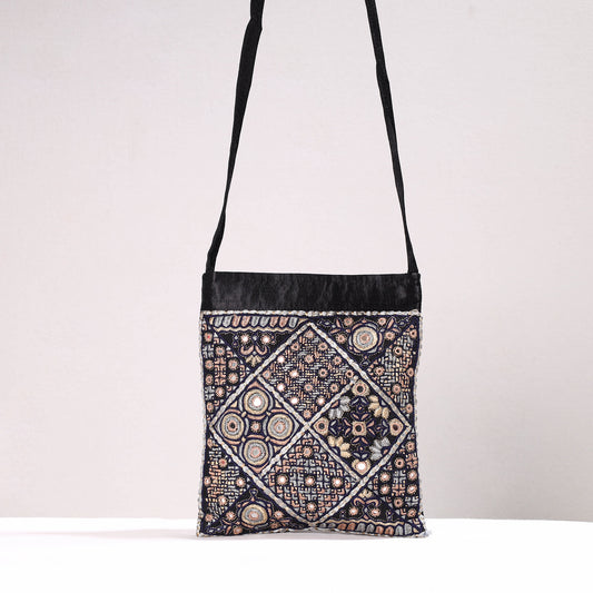 Black - Kutch Abstract Hand Embroidery Mashru Silk Sling Bag