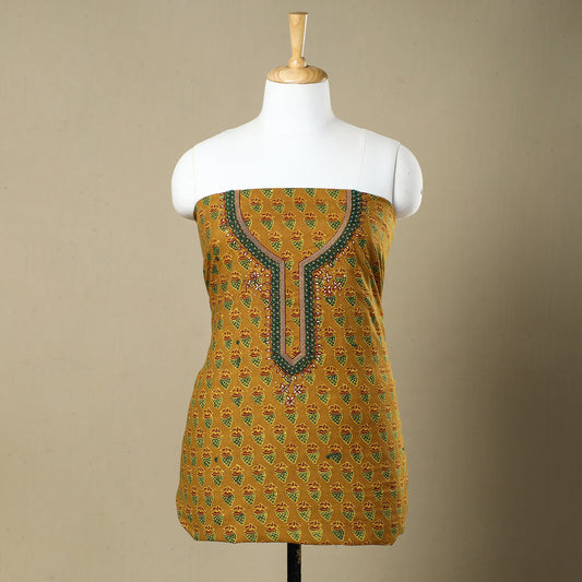 Yellow - Ajrakh Block Printed Bead Work Embroidered Cotton Kurta Material - 2.6 Meter