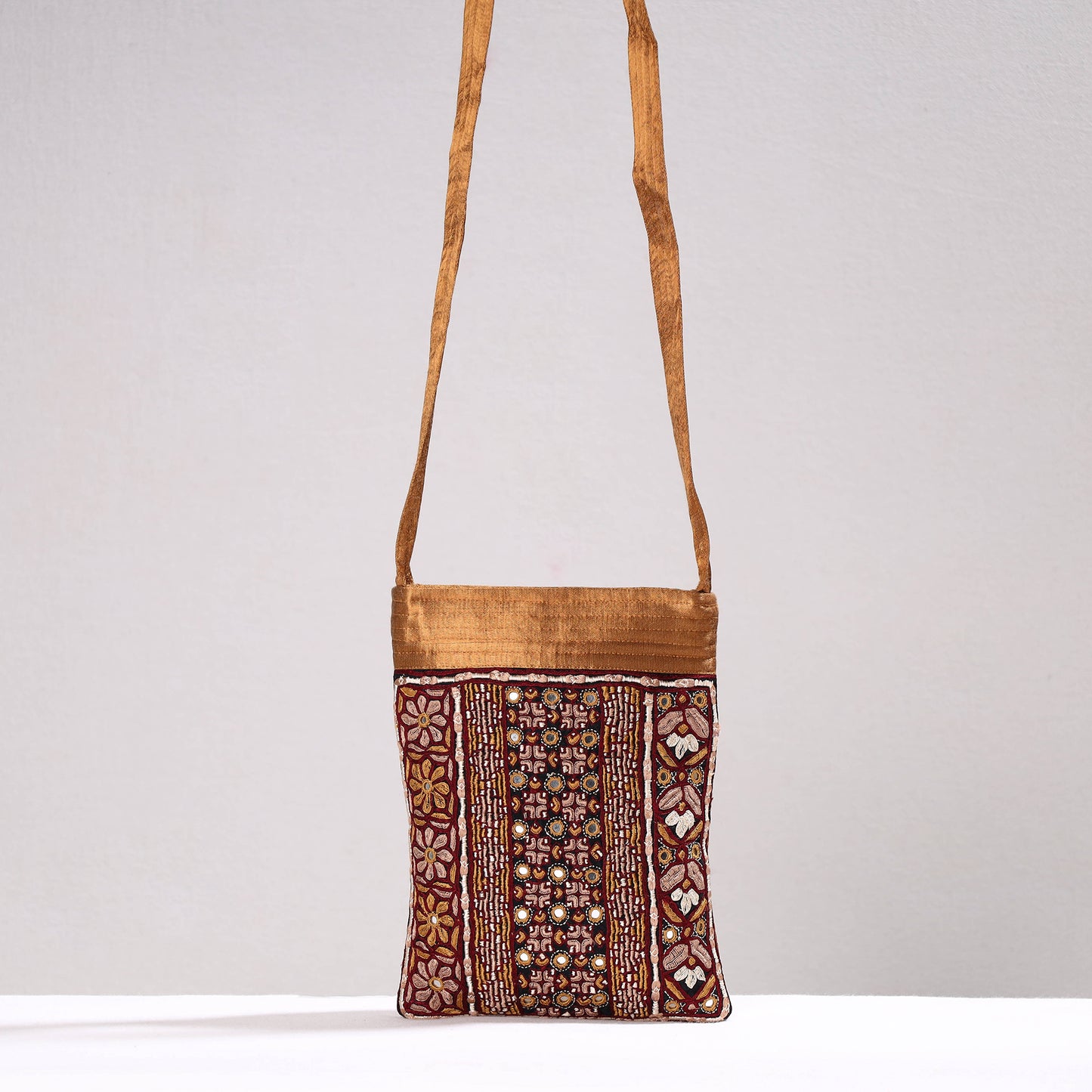 Brown - Kutch Abstract Hand Embroidery Mashru Silk Sling Bag