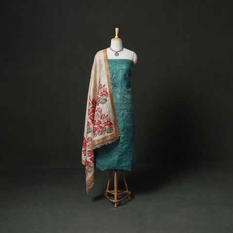 Pure Handloom Tussar Silk Hand Batik Print Unstitched Dress Material: Kurta with Dupatta 07