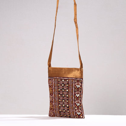 Brown - Kutch Abstract Hand Embroidery Mashru Silk Sling Bag