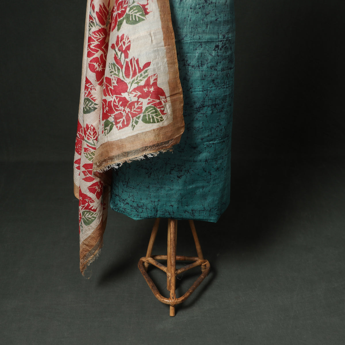 Pure Handloom Tussar Silk Hand Batik Print Unstitched Dress Material: Kurta with Dupatta 07