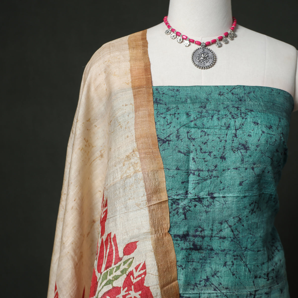 Pure Handloom Tussar Silk Hand Batik Print Unstitched Dress Material: Kurta with Dupatta 07