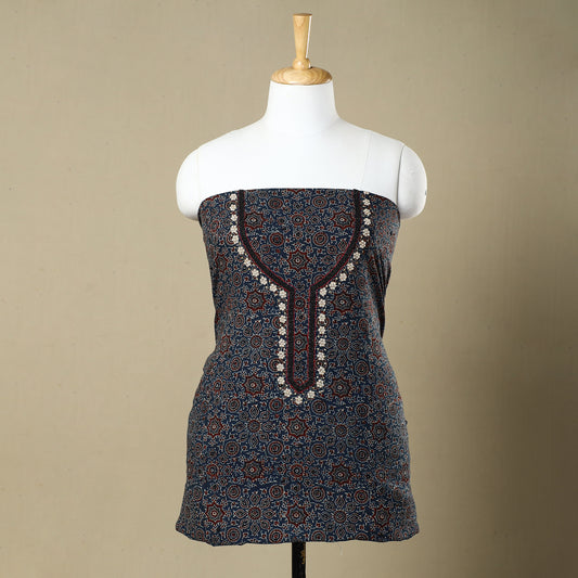 Blue - Ajrakh Block Printed Zardozi & Bead Work Embroidered Cotton Kurta Material - 2.7 Meter