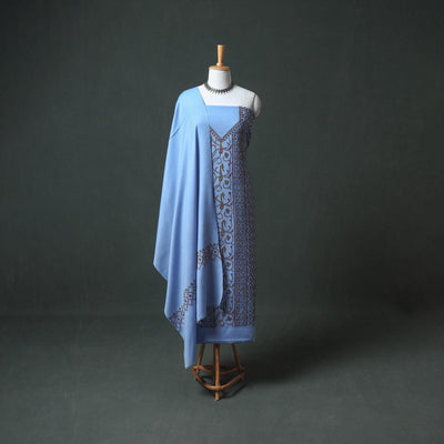 Kashmiri Sozni Hand Embroidered Pure Merino Wool Unstitched Dress Material: Kurta, Bottom with Dupatta 06