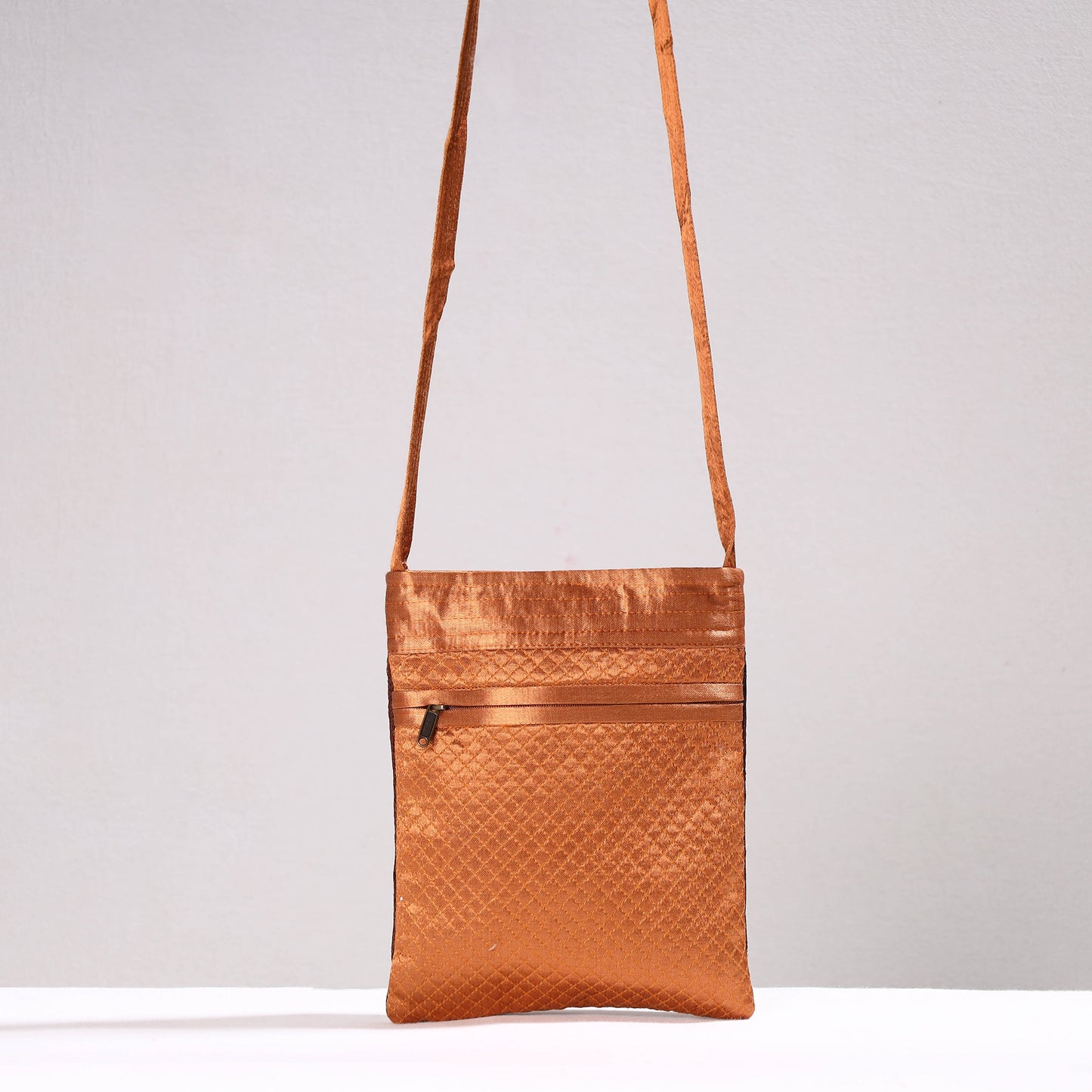 Orange - Kutch Abstract Hand Embroidery Mashru Silk Sling Bag