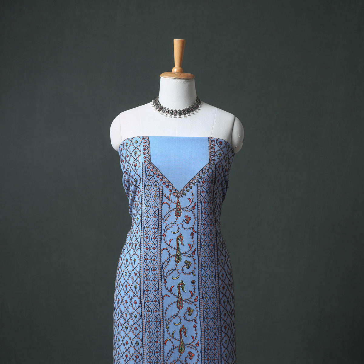 Kashmiri Sozni Hand Embroidered Pure Merino Wool Unstitched Dress Material: Kurta, Bottom with Dupatta 06