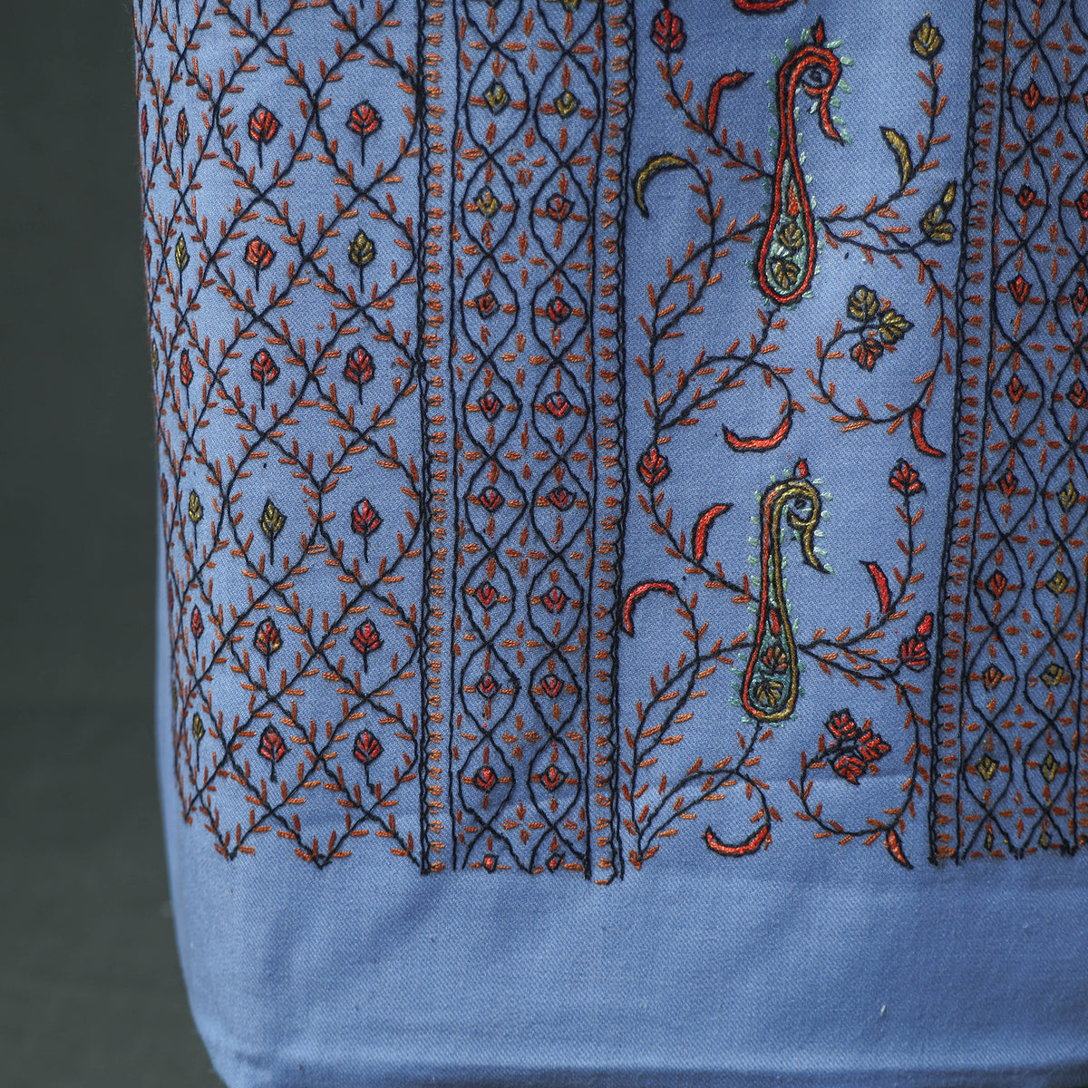 Kashmiri Sozni Hand Embroidered Pure Merino Wool Unstitched Dress Material: Kurta, Bottom with Dupatta 06