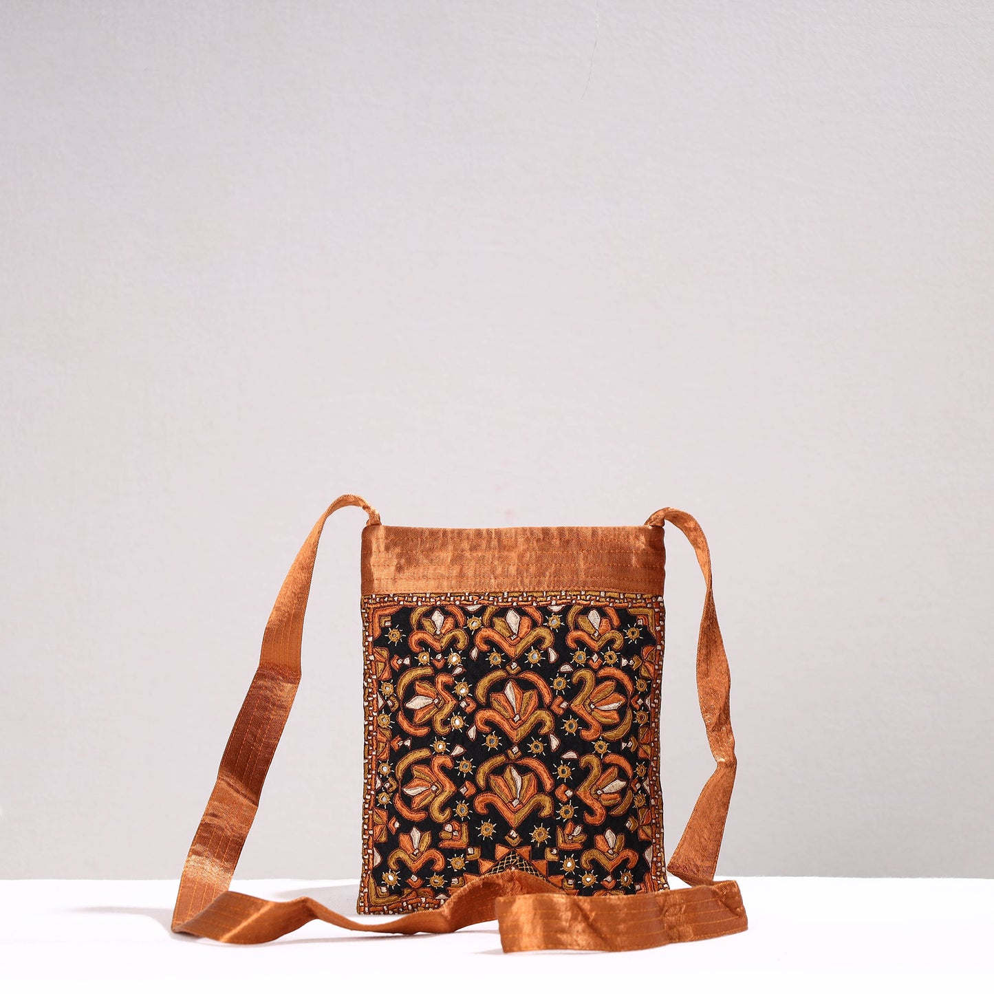 Orange - Kutch Abstract Hand Embroidery Mashru Silk Sling Bag
